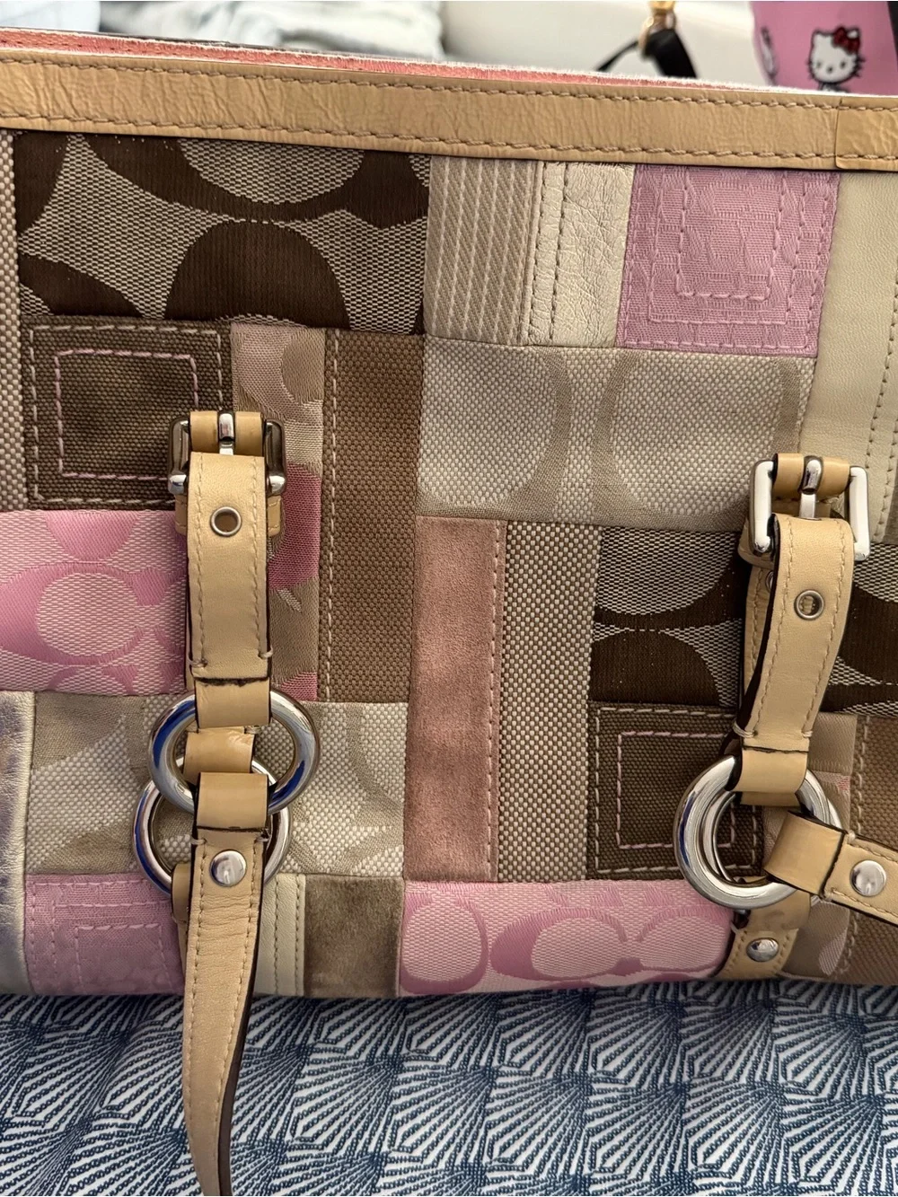 Coach Pink and Brown Patchwork Leather-Trim Tote
